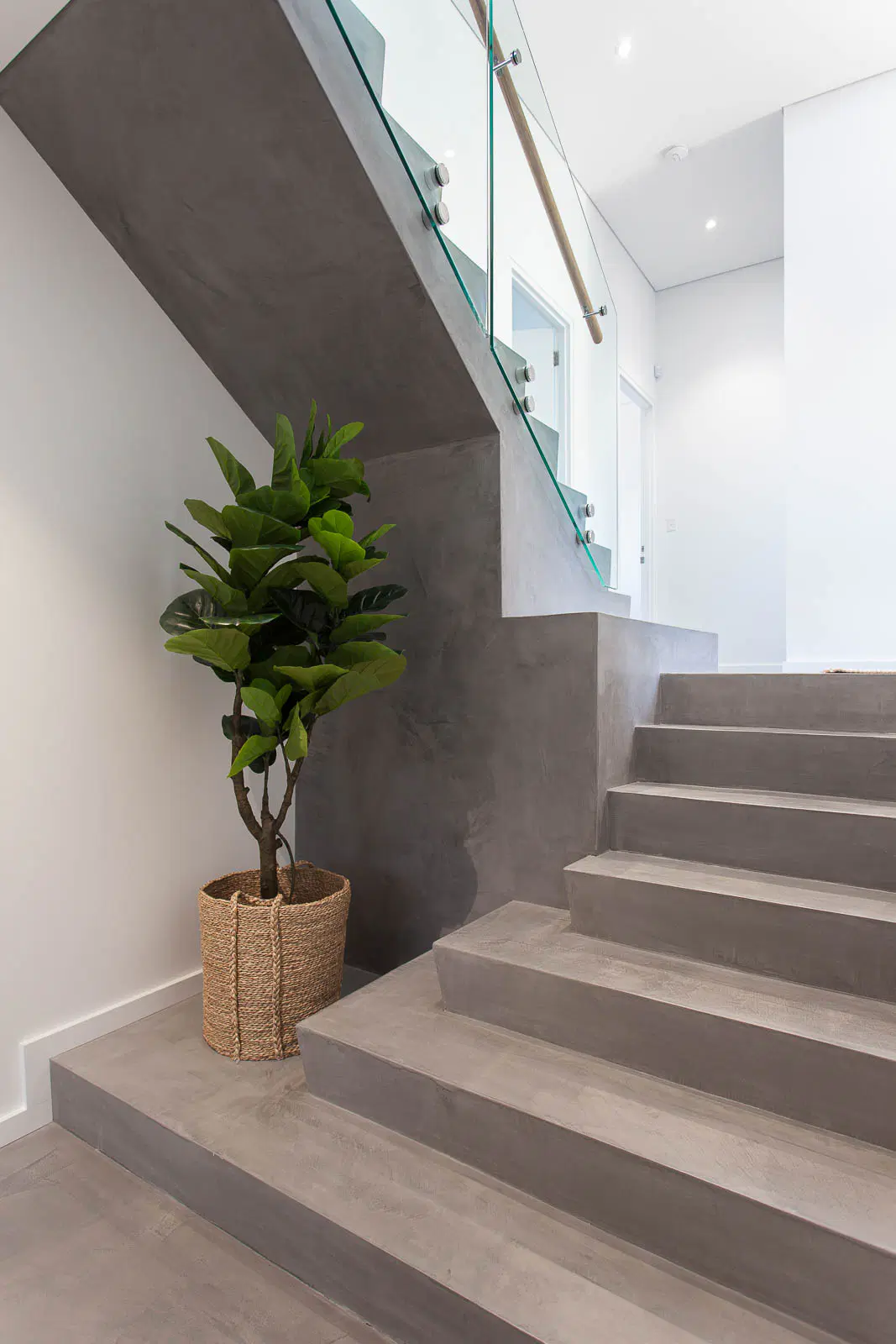 A concrete stair with a fig in a basket at its foot